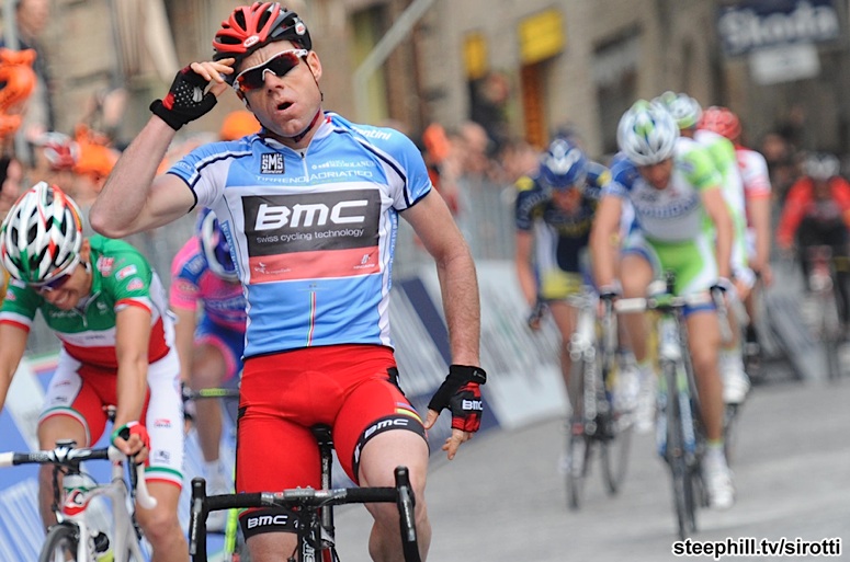 Philippe Gilbert (Omega Pharma Lotto) on the podium after winning Stage 5.